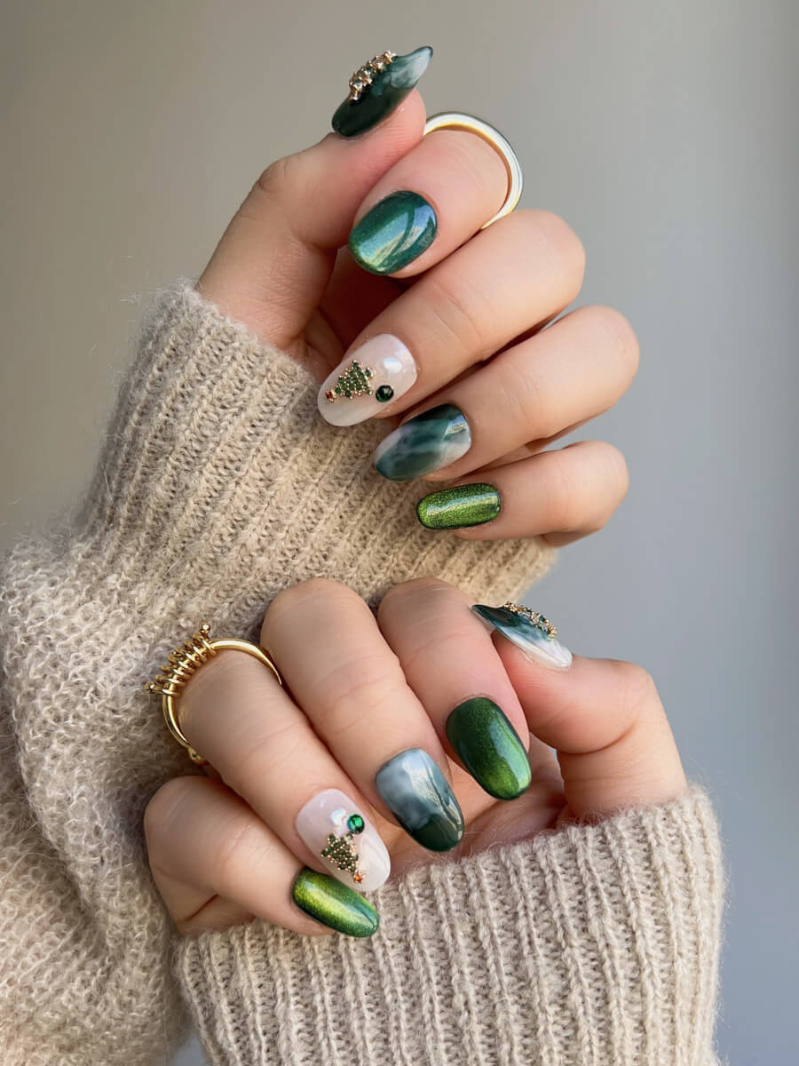 Green Christmas Nails Mystic Fir Short Oval nails