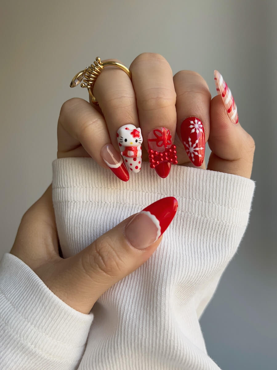 Red med almond nails Xmas kitty