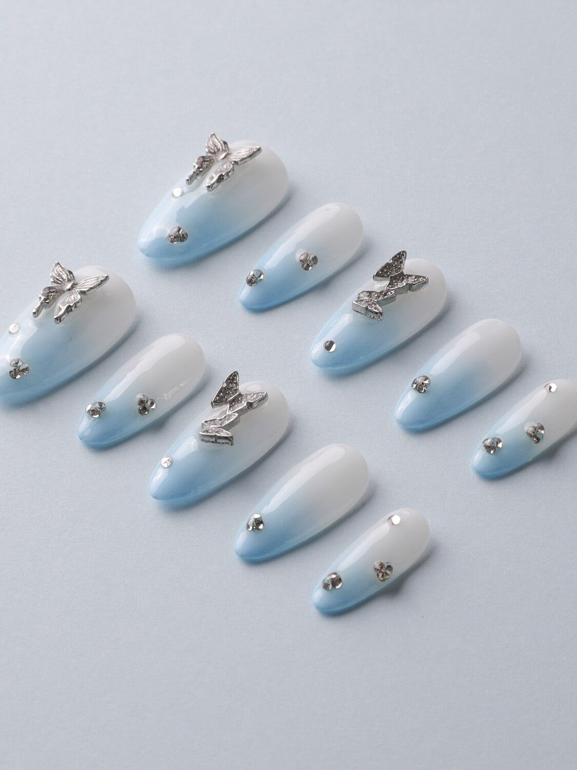 Butterfly Blue Medium Almond Press on nails | Ready to ship