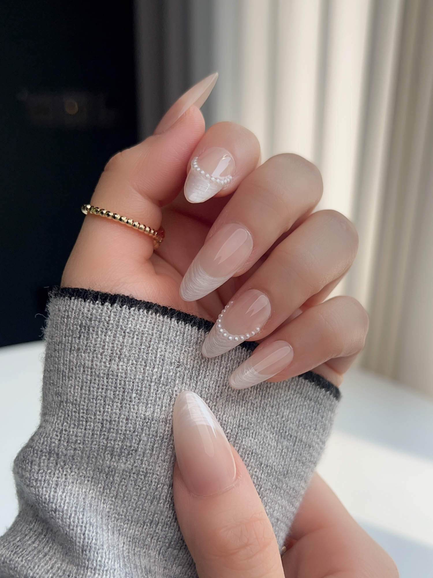 Nude French Tip | Press on Nails | Dew Sparkle - Joyeenails - FT043 - Custom Size - Add Note / Medium Almond