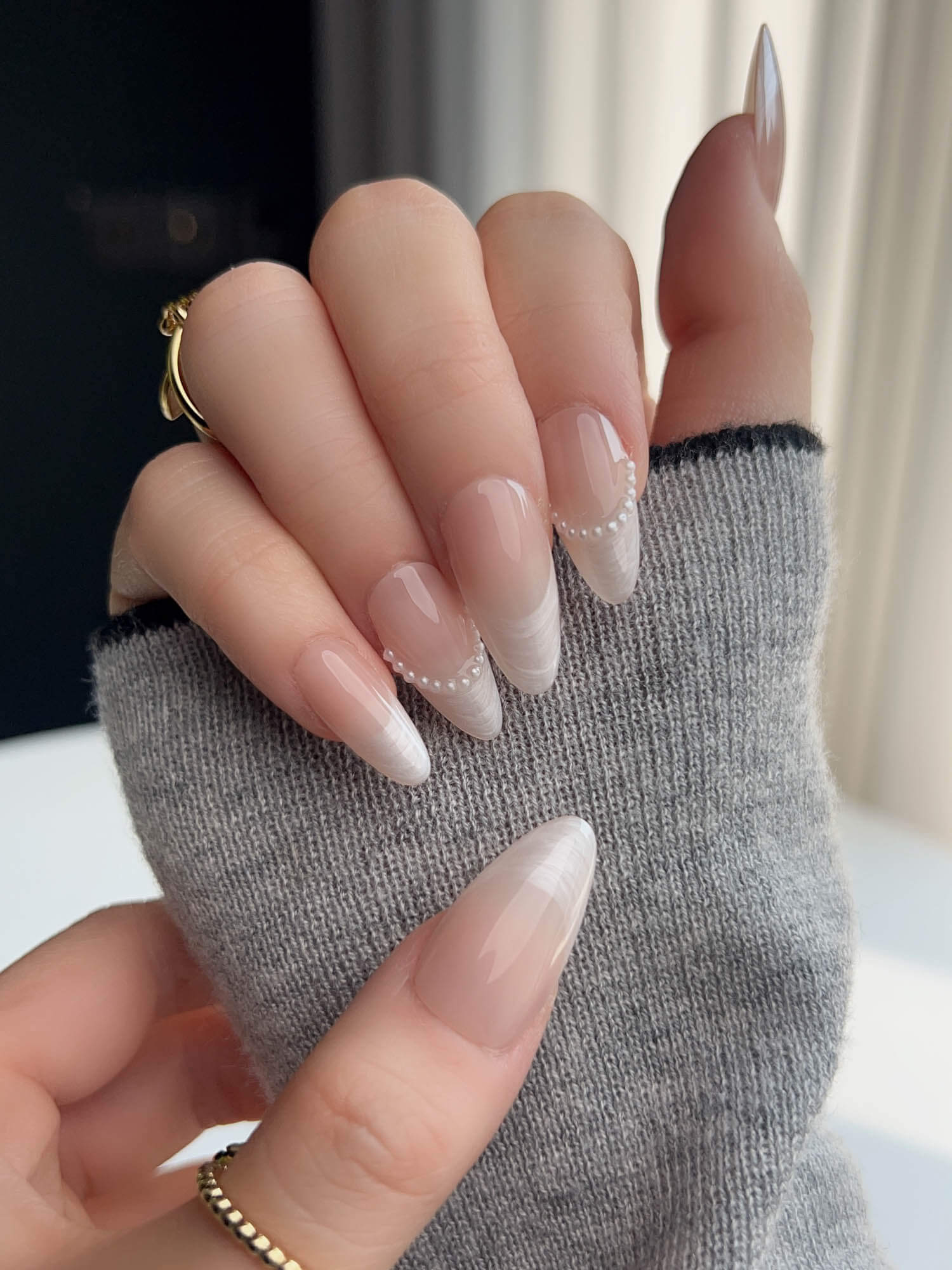 Nude French Tip | Press on Nails | Dew Sparkle - Joyeenails - FT043 - XS / Medium Almond