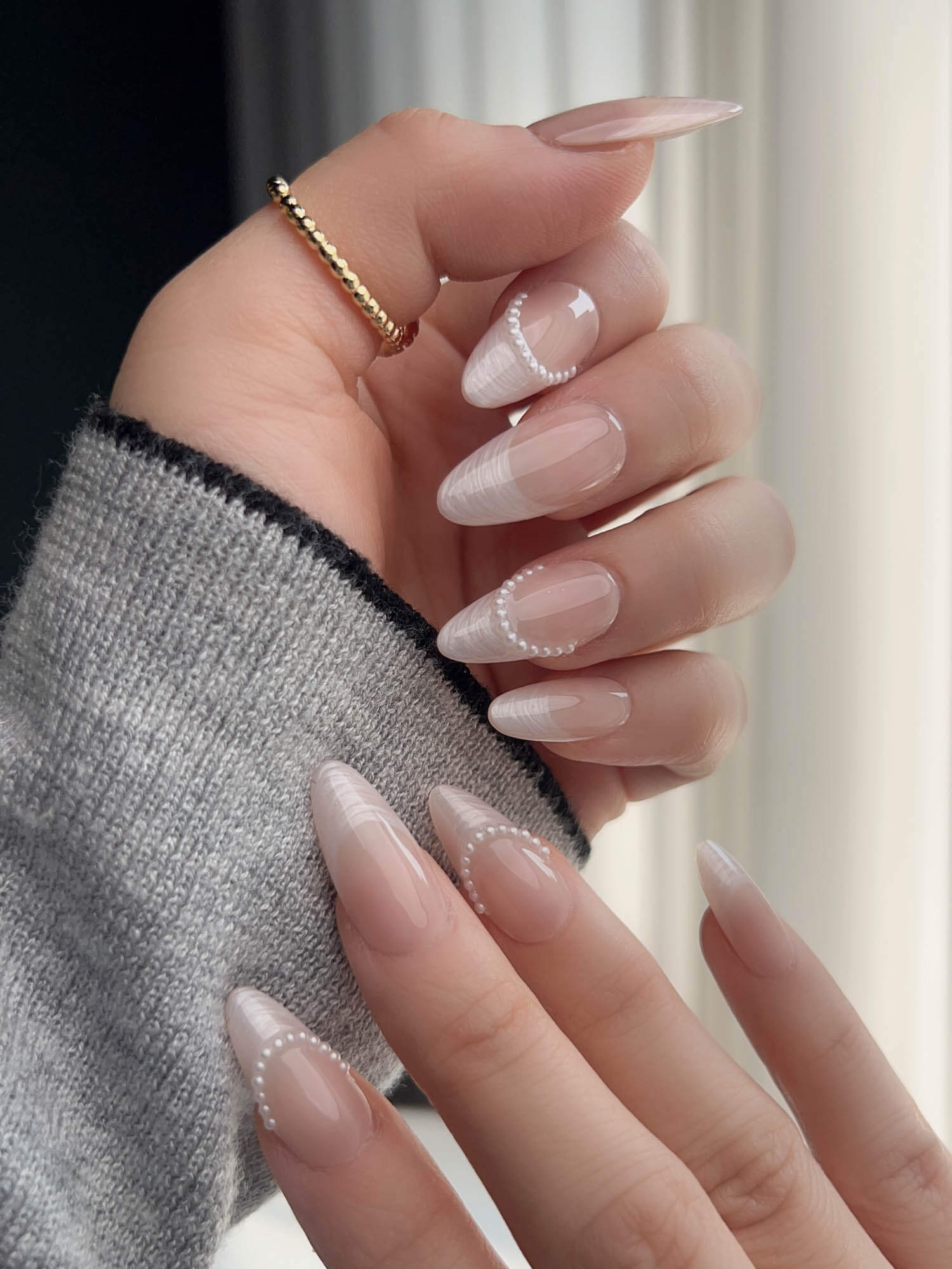 Nude French Tip | Press on Nails | Dew Sparkle - Joyeenails - FT043 - S / Medium Almond