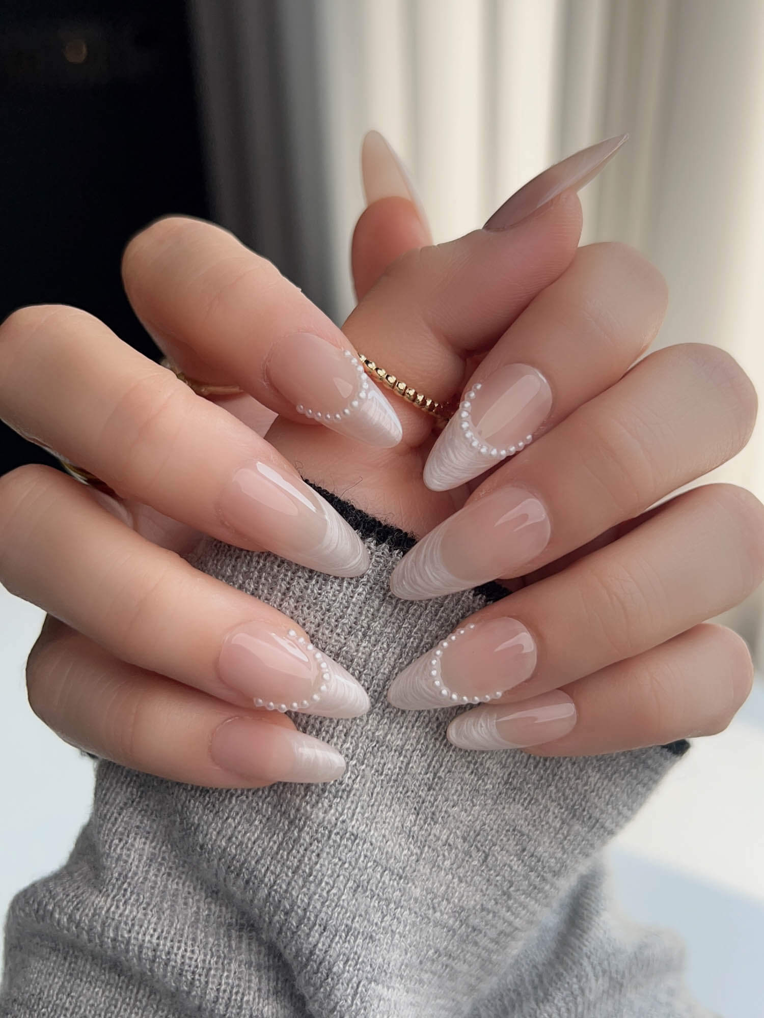 Nude French Tip | Press on Nails | Dew Sparkle - Joyeenails - FT043 - M / Medium Almond