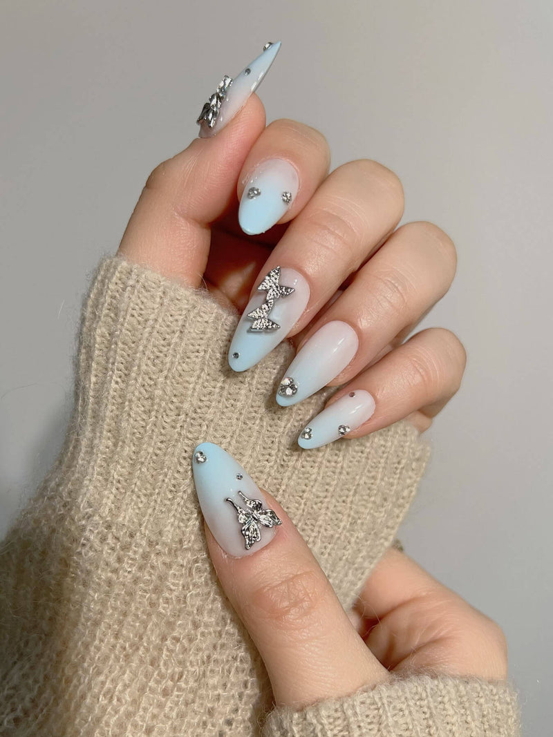 Butterfly Blue Medium Almond Press on nails | Ready to ship
