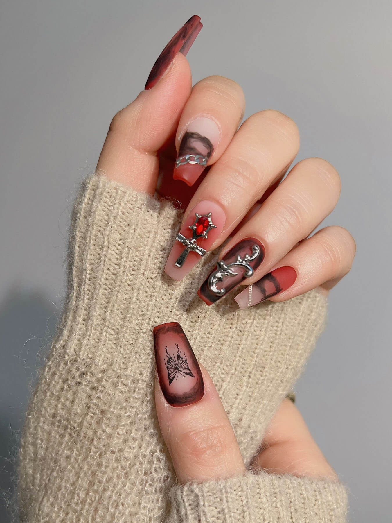 Handmade- Crimson Gradient Black Butterfly Metallic Gothic press on nails