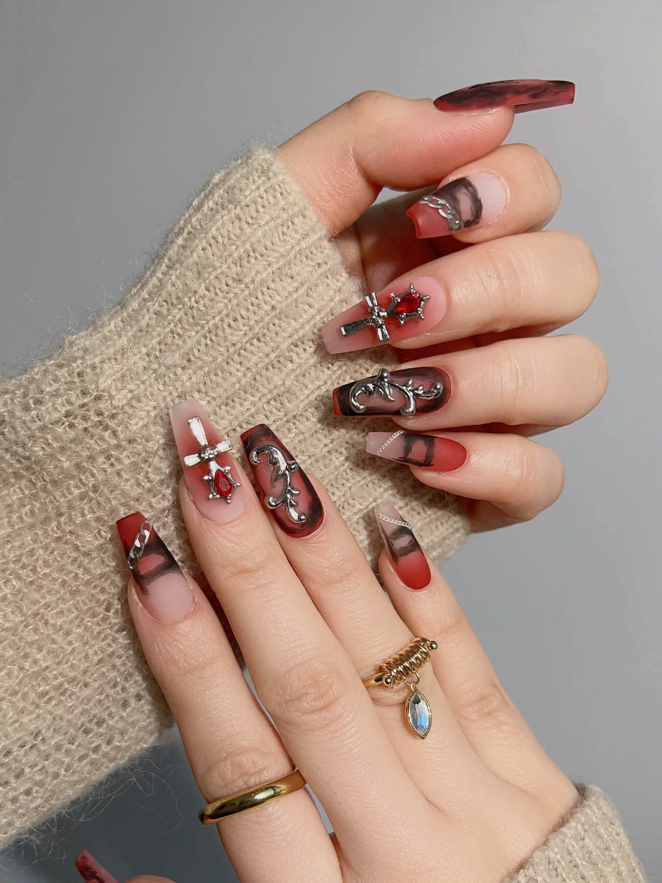 Handmade- Crimson Gradient Black Butterfly Metallic Gothic press on nails