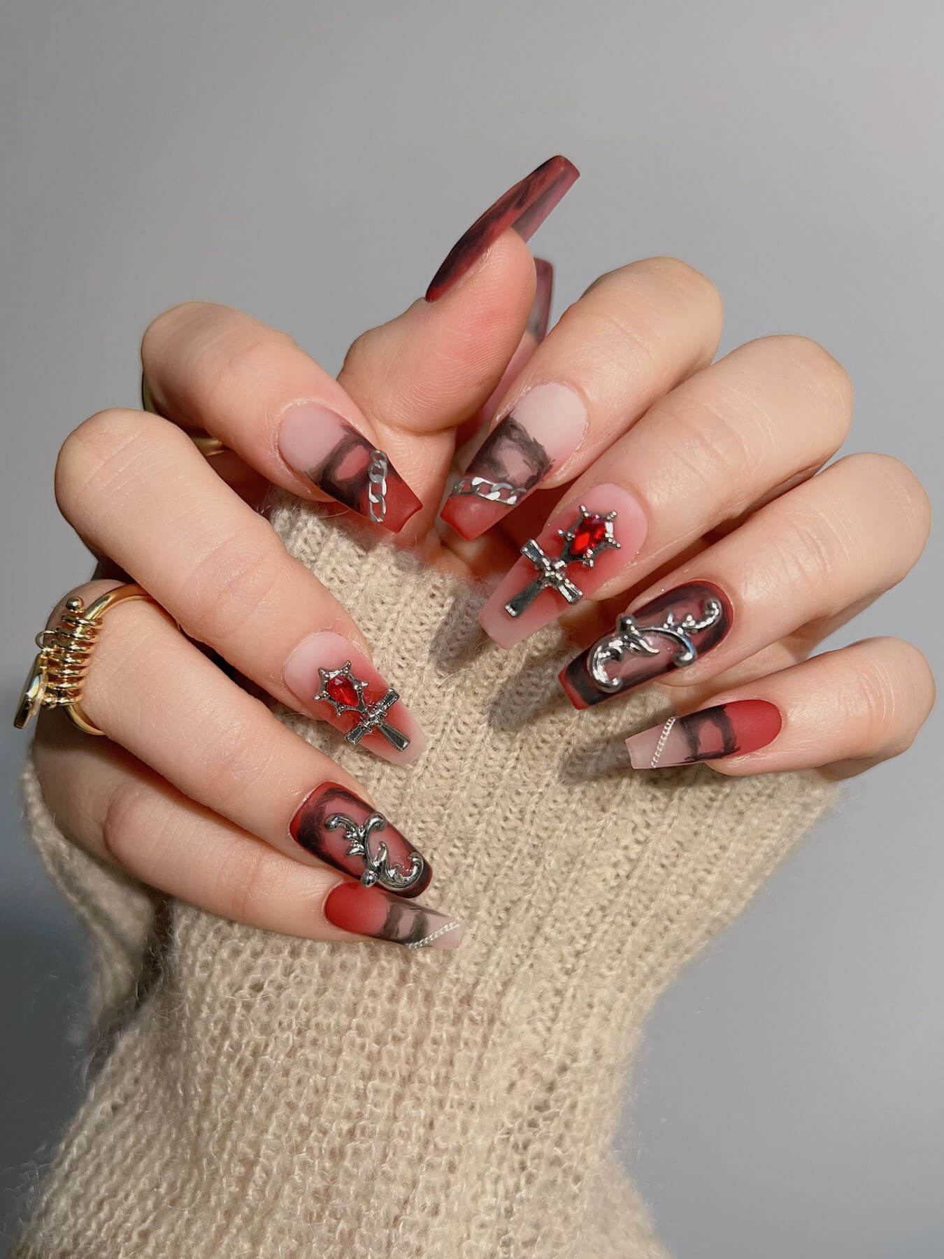 Handmade- Crimson Gradient Black Butterfly Metallic Gothic press on nails