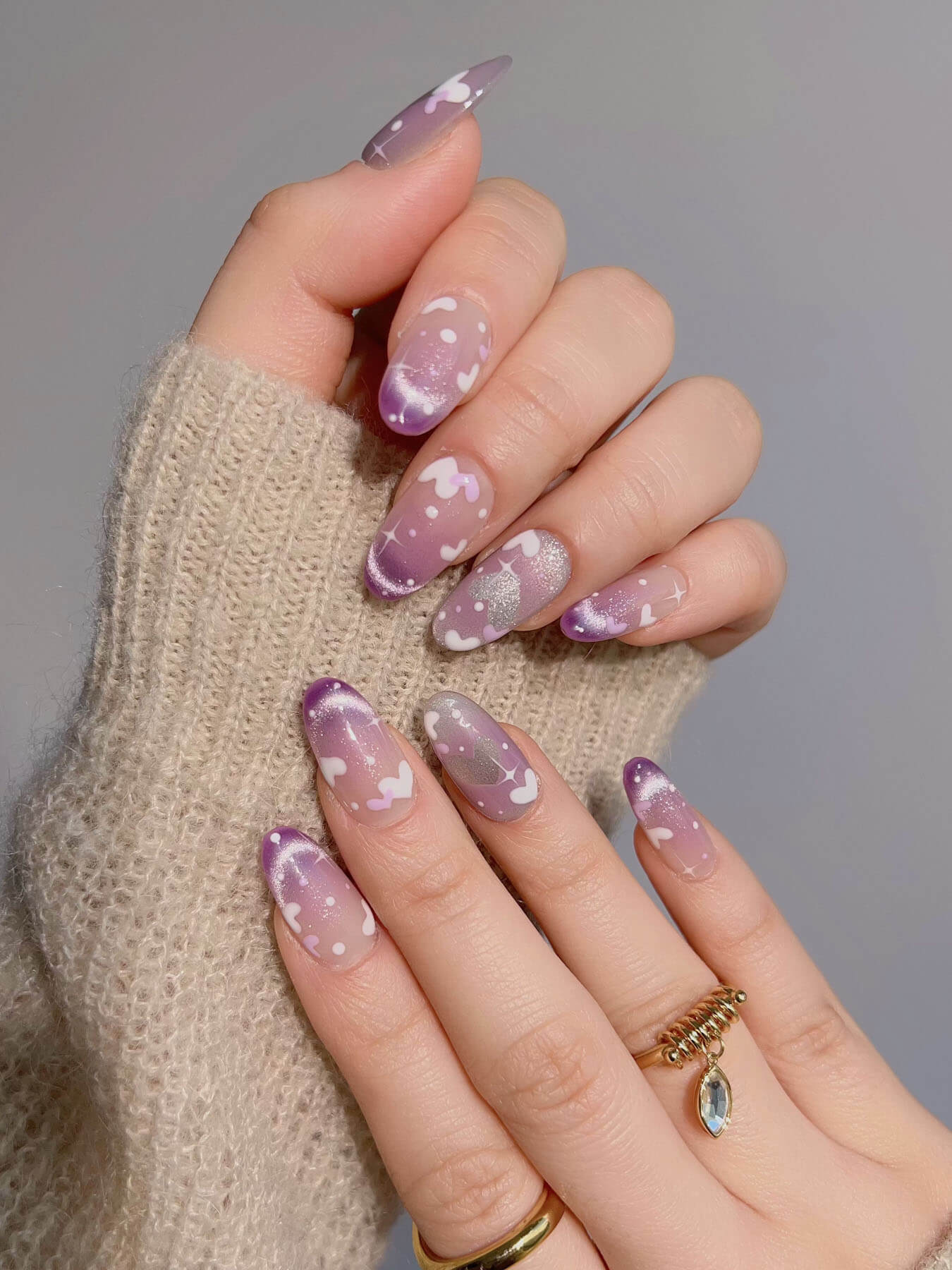 Handmade- Purple White Snowflake Love Heart Gradient Fingertip Cat Eye nails