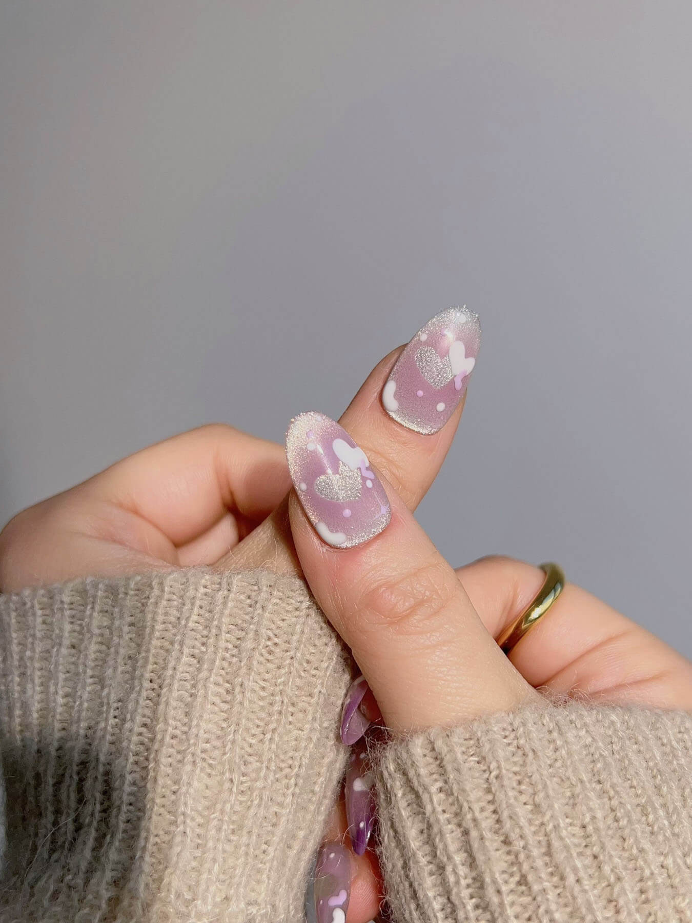 Handmade- Purple White Snowflake Love Heart Gradient Fingertip Cat Eye nails