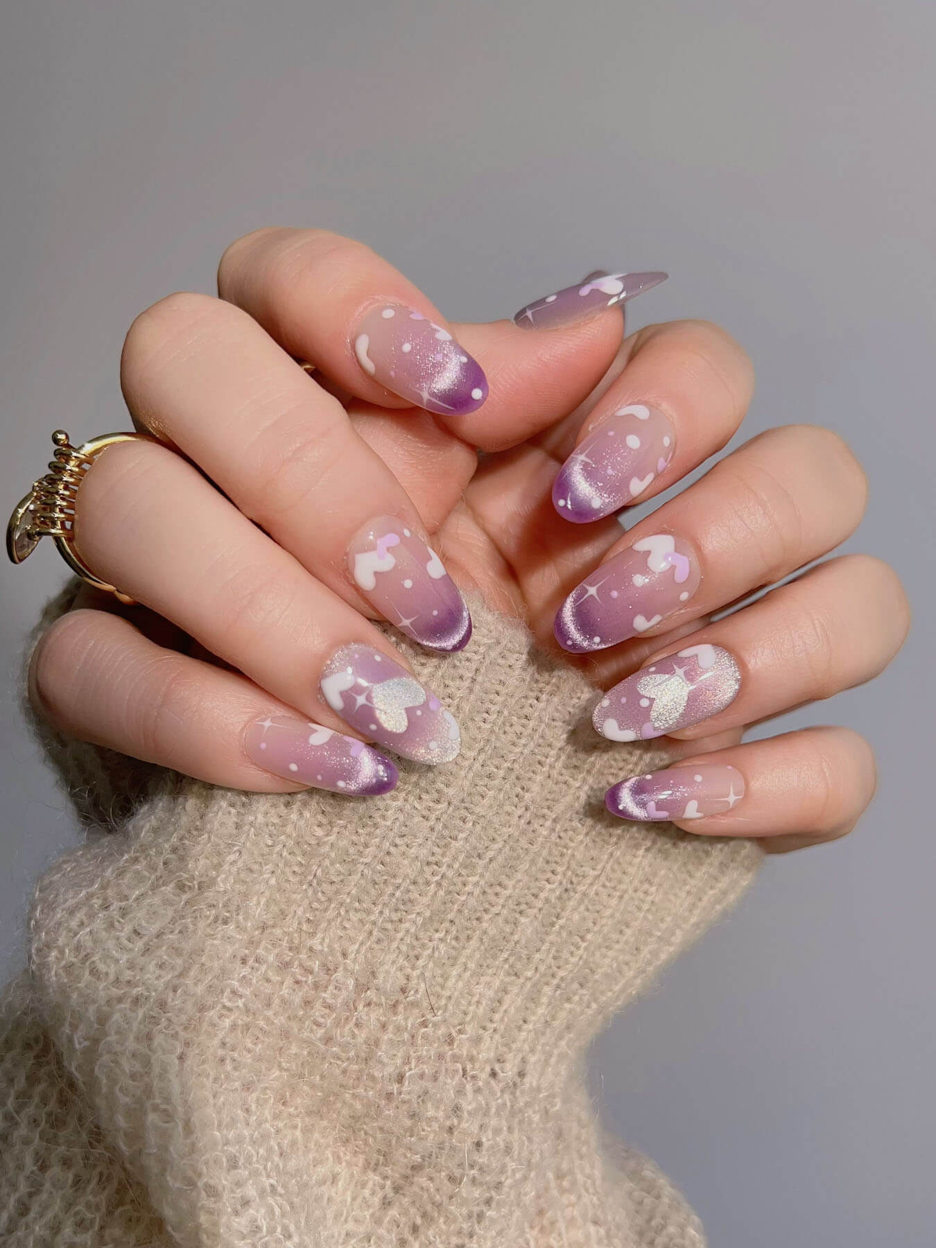 Handmade- Purple White Snowflake Love Heart Gradient Fingertip Cat Eye nails