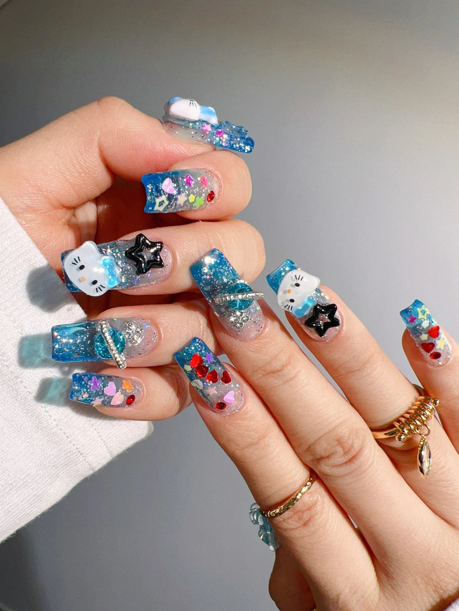 Blue-color-med-square-nails-kitty