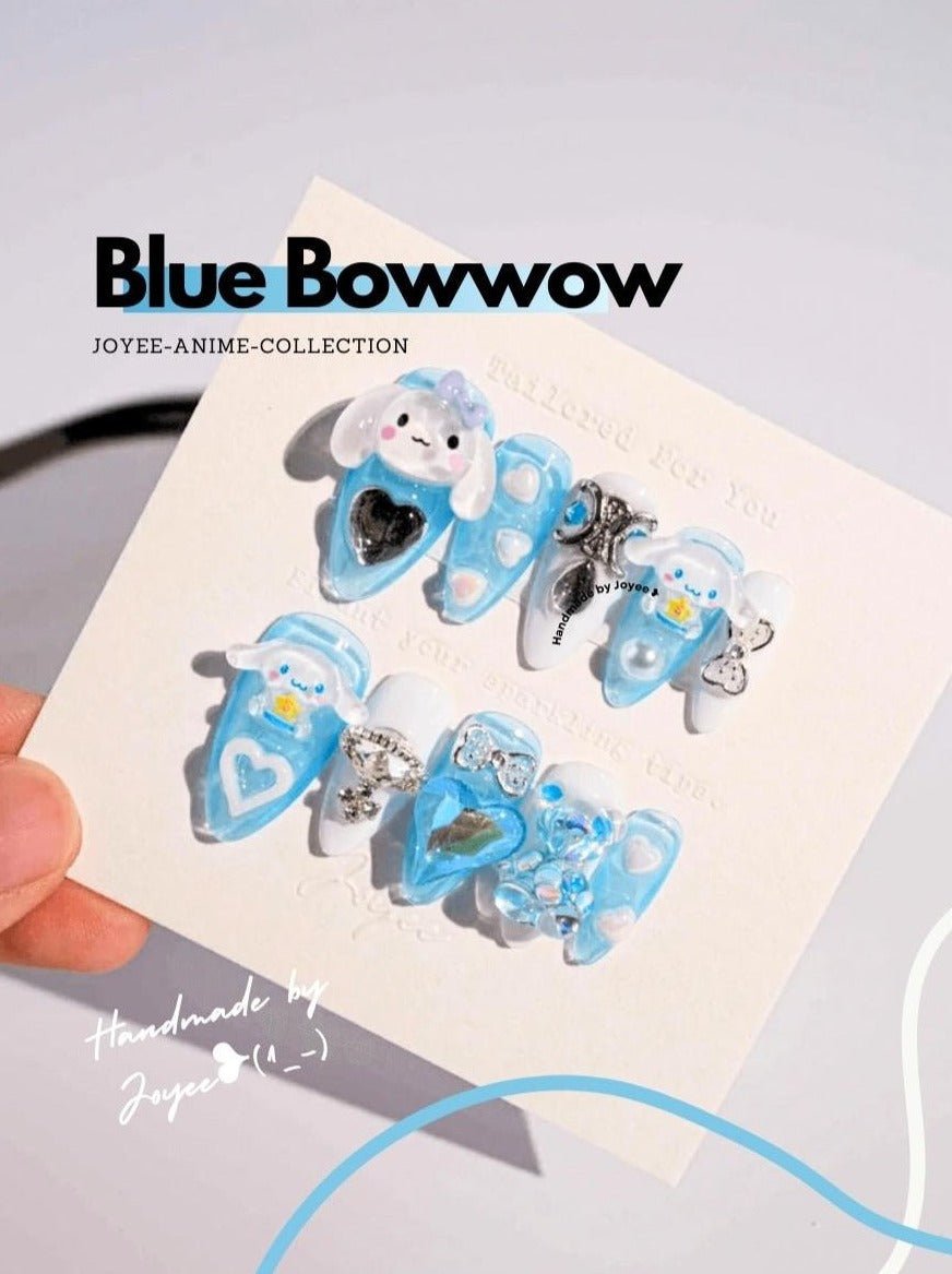 Joyee Blue Bowwow Med Almond Press - on nails | Ready to ship - Joyeenails - AN041 - Ready - XS / Medium Almond