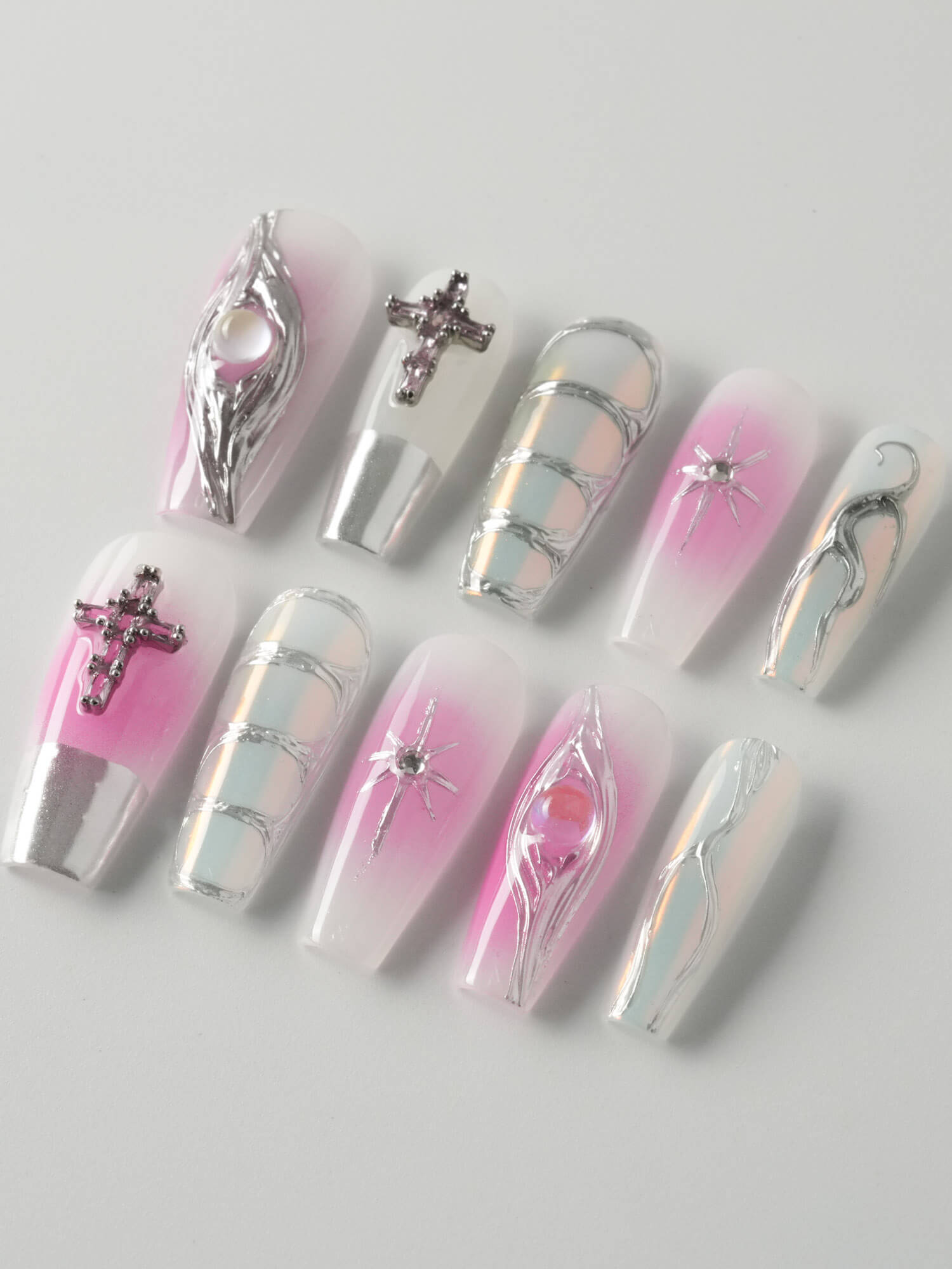 Silver Pink Nails Flame - Joyeenails - DO021 - XS / Long Coffin