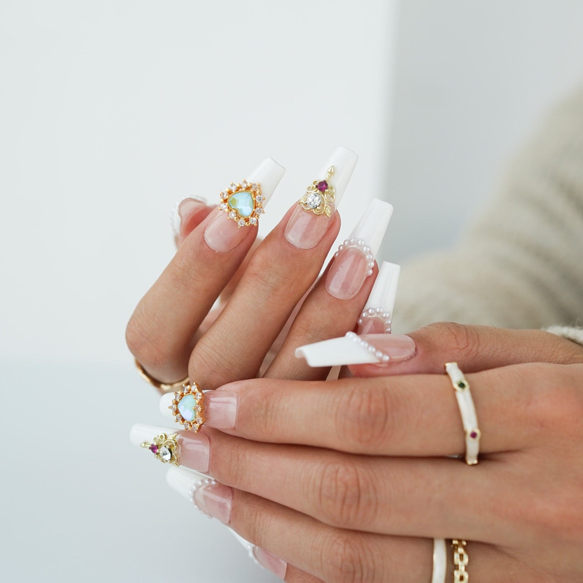 French tip Nails White Long Coffin Nails Whispering Blossoms