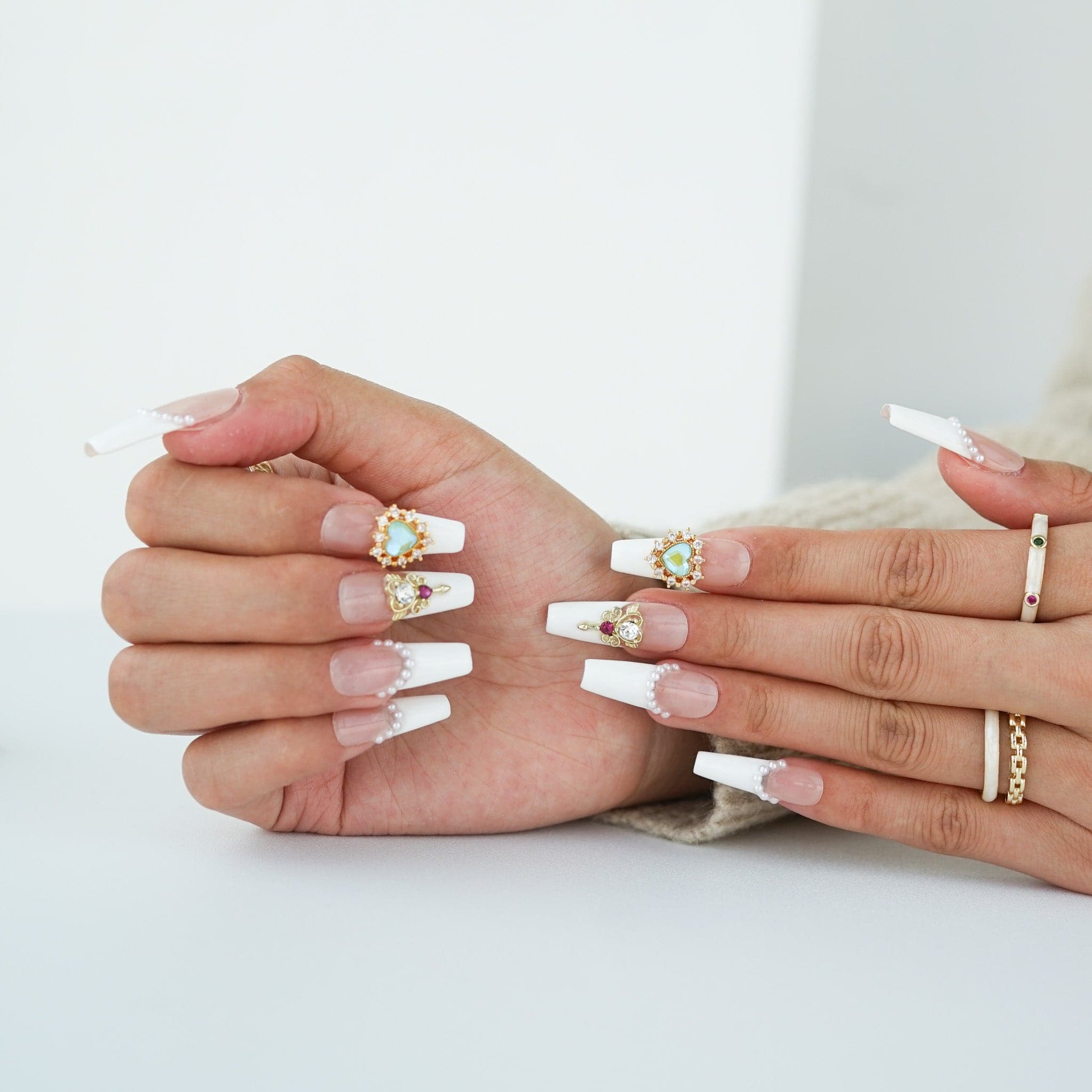 French tip Nails White Long Coffin Nails Whispering Blossoms